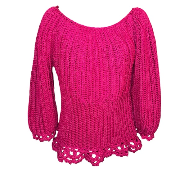 Hand Crocheted Magenta Sweater Boho Scallop Hem Balloon Sleeve M L - Picture 2 of 4